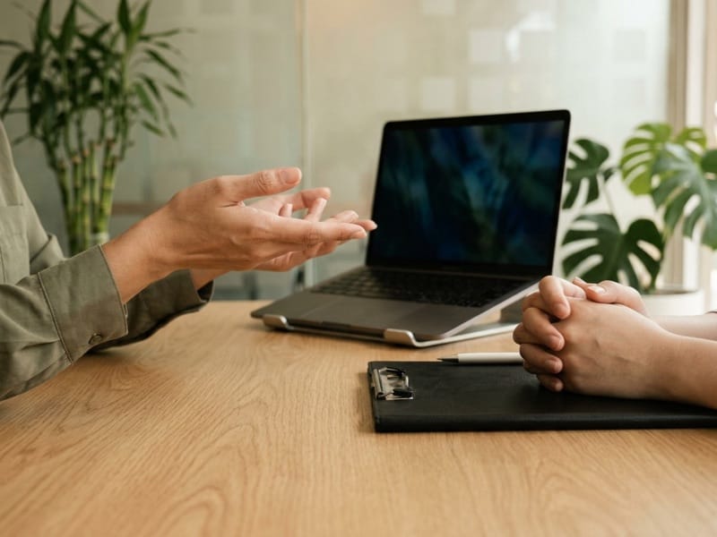 Two people seated at a table with a laptop, one gesturing and the other with folded hands