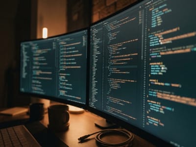 Two curved monitors displaying lines of code on a dimly lit desk