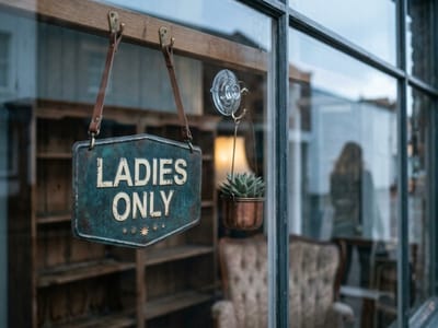 Ladies Only sign hanging in a shop window with an armchair and shelves inside